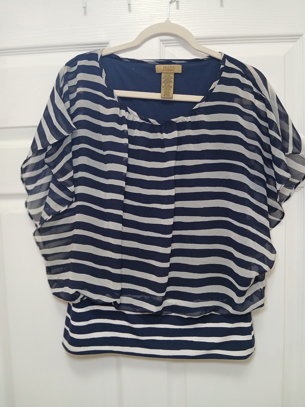 Valerie Stevens Navy & White Striped Flutter Sleeve Blouse